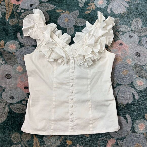 Boston Proper Tops - Boston Proper Blouse Vintage Top Sz 10 White Ruffle Neck Button Lace Up Corset